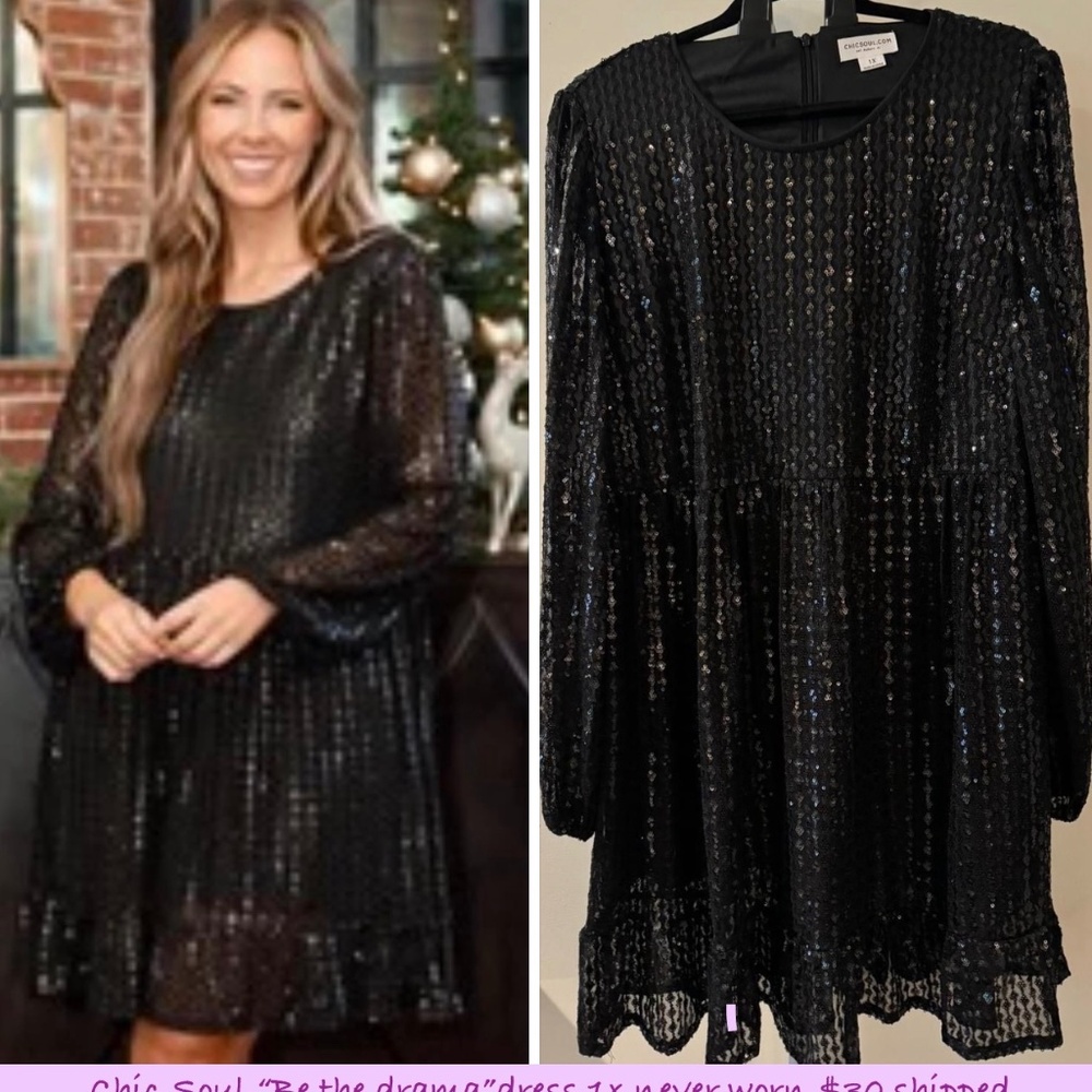 Black Sequin Dress, long sleeve, Chic Soul, 2x